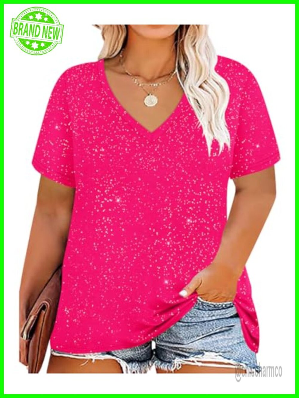 Womens Plus Size Tunic Top Short Sleeve V Neck Glitter Casual T Shirt